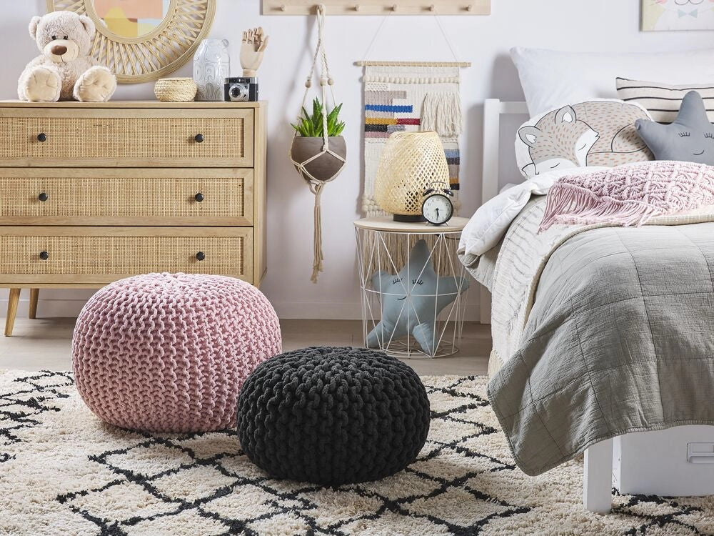 Pouf ottomana in cotone lavorato a maglia Nero perline EPS riempimento rotondo piccolo poggiapiedi 40 x 25 cm