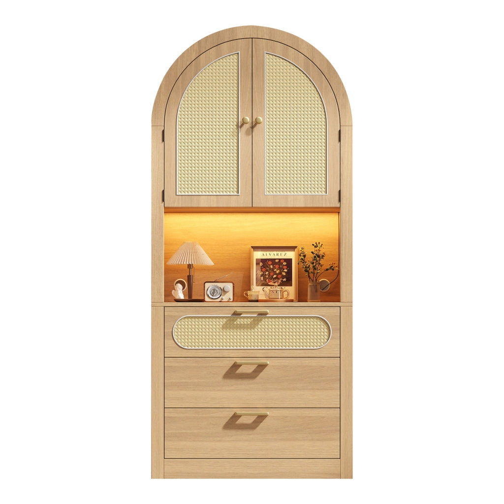 Mobile da cucina, mobile da ingresso, vetrina ad arco, luci a LED, ante in vimini, 3 cassetti, 80 x 35 x 180 cm, color rovere