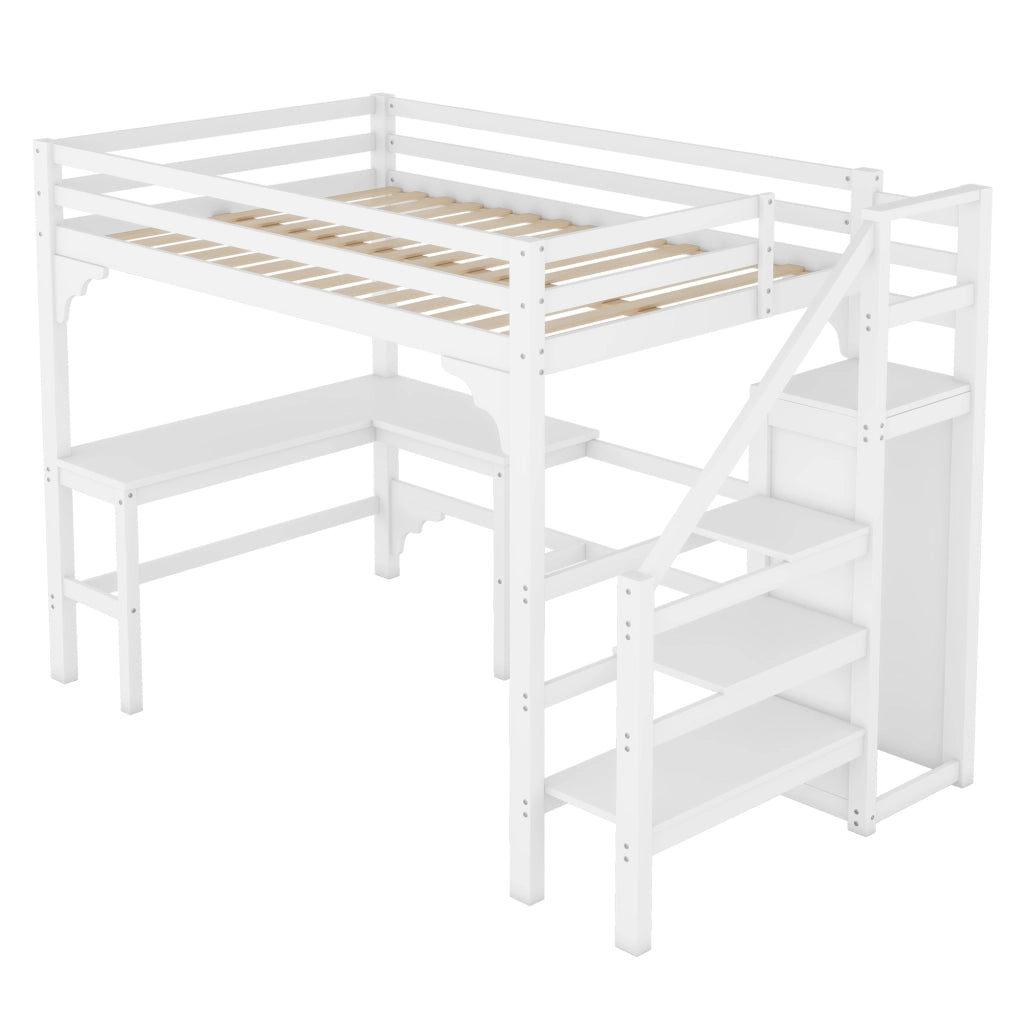 Letto a soppalco matrimoniale 140×200 cm con scrivania a L; armadio aperto e scala contenitore; bianco; senza materasso
