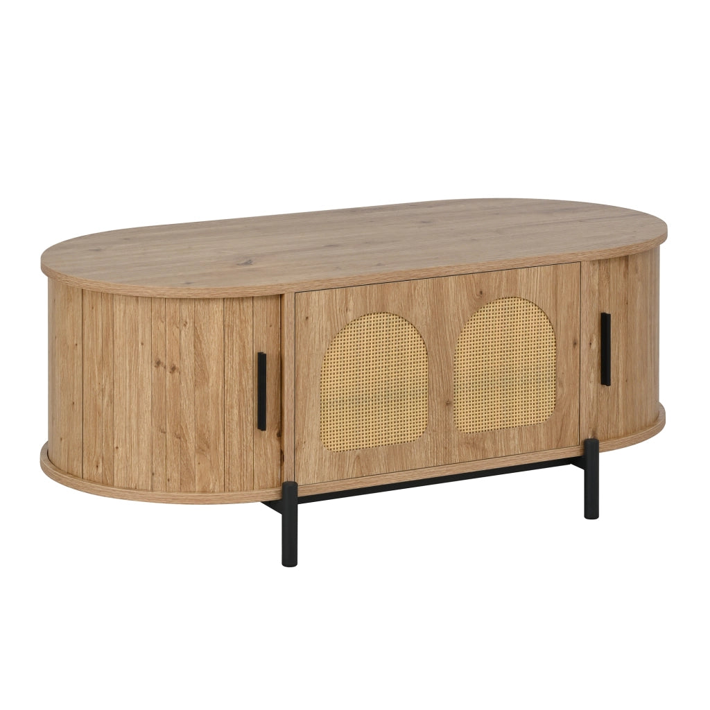 Tavolino da caffè ovale in MDF effetto legno naturale con ante in rattan e gambe in metallo nero, con vano contenitore
