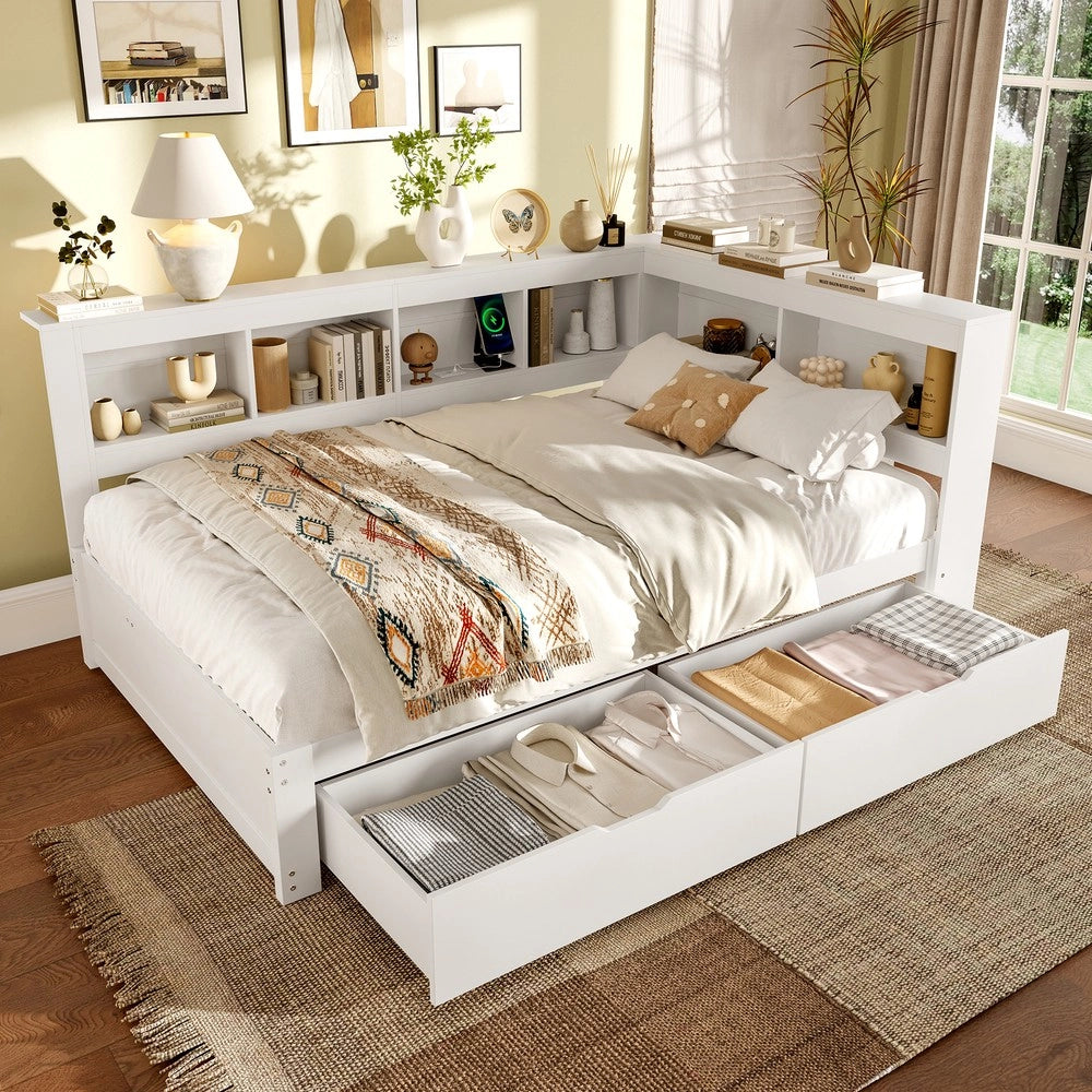 Divano Letto con Cassetti e Presa USB ¨C MINIMAL ¨C Bianco 140x200