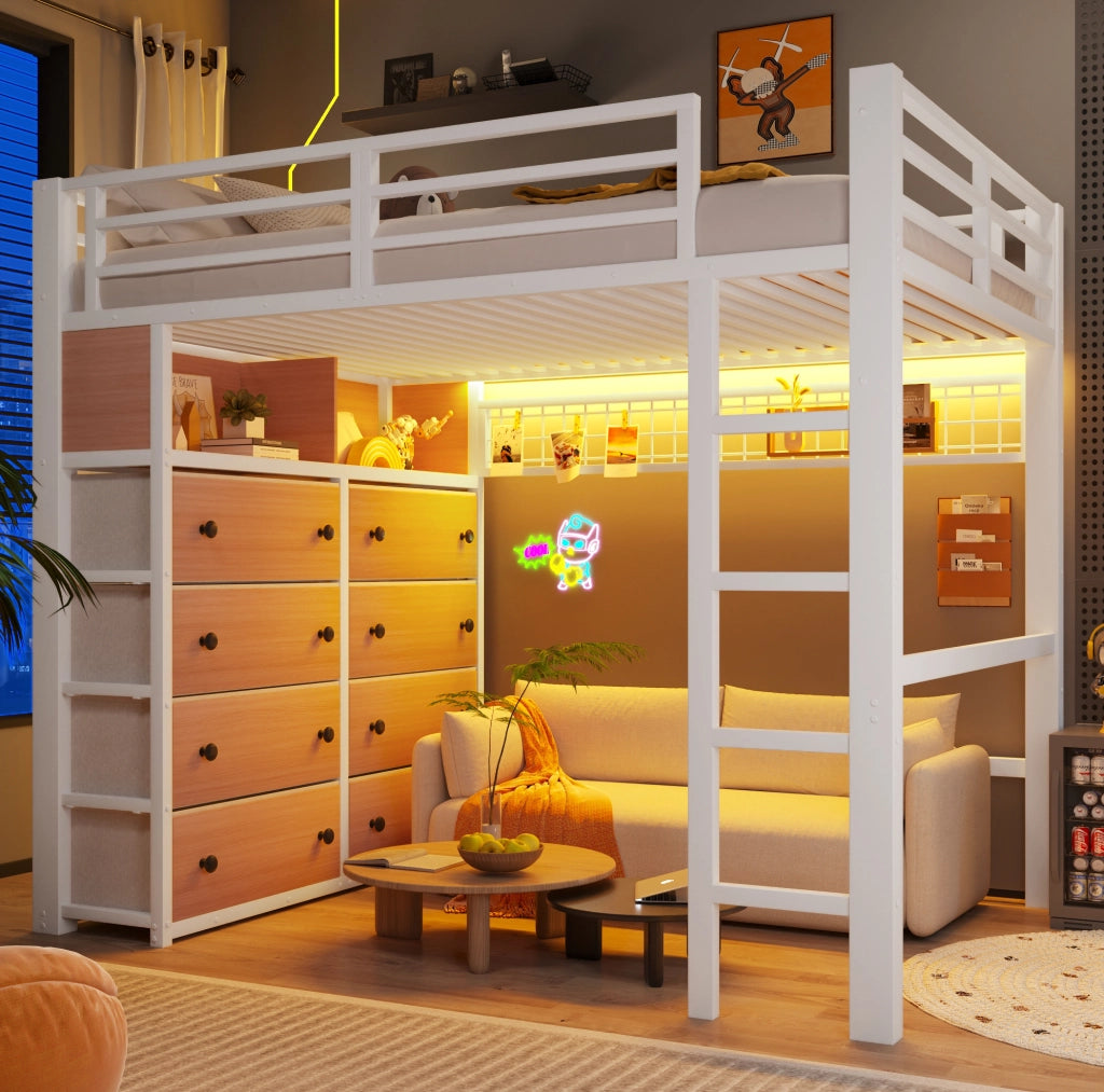 Letto a soppalco 140x200 cm con 8 cassetti, mensole e luce LED