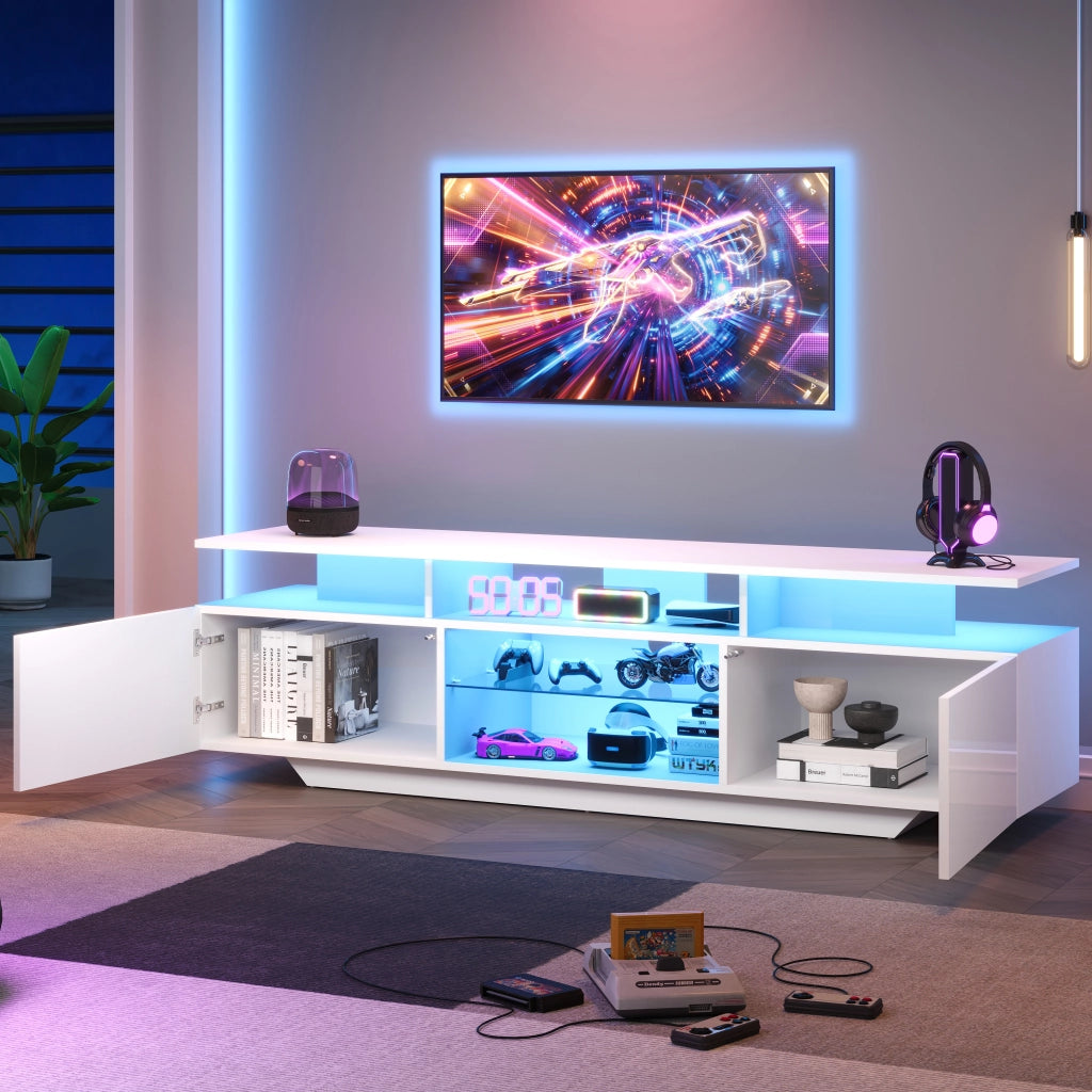 Mobile TV con LED ¨C MINIMAL ¨C Bianco Lucido, MDF, 160x40x45 cm, 8 Ripiani, 2 Ante