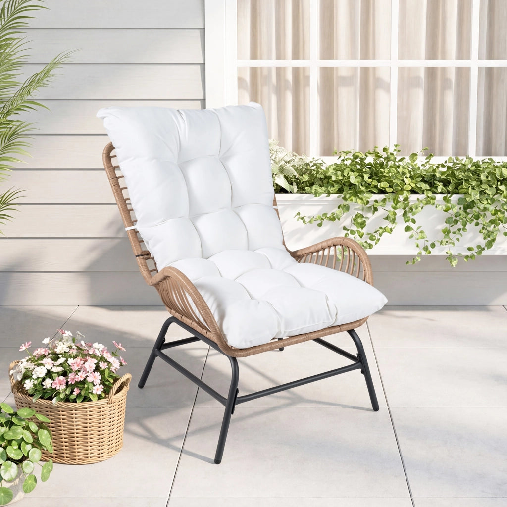 2*Sedia da pranzo in rattan con cuscino morbido e telaio di supporto in metallo, Poltrona da giardino per terrazza Bianco