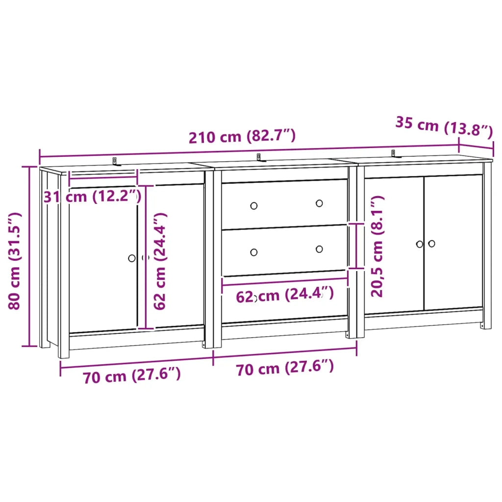 Credenza 3 pcs Marrone Cera Legno di pino massiccio 3424977