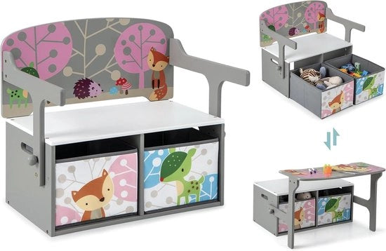 Tavolo da gioco 3 in 1 con banco, gruppo sedile per bambini con 2 contenitori rimovibili, banco per bambini con spazio di ripostiglio, cassettone per giocattoli con schienale, cassettone per sedile per camera dei bambini, colore grigio