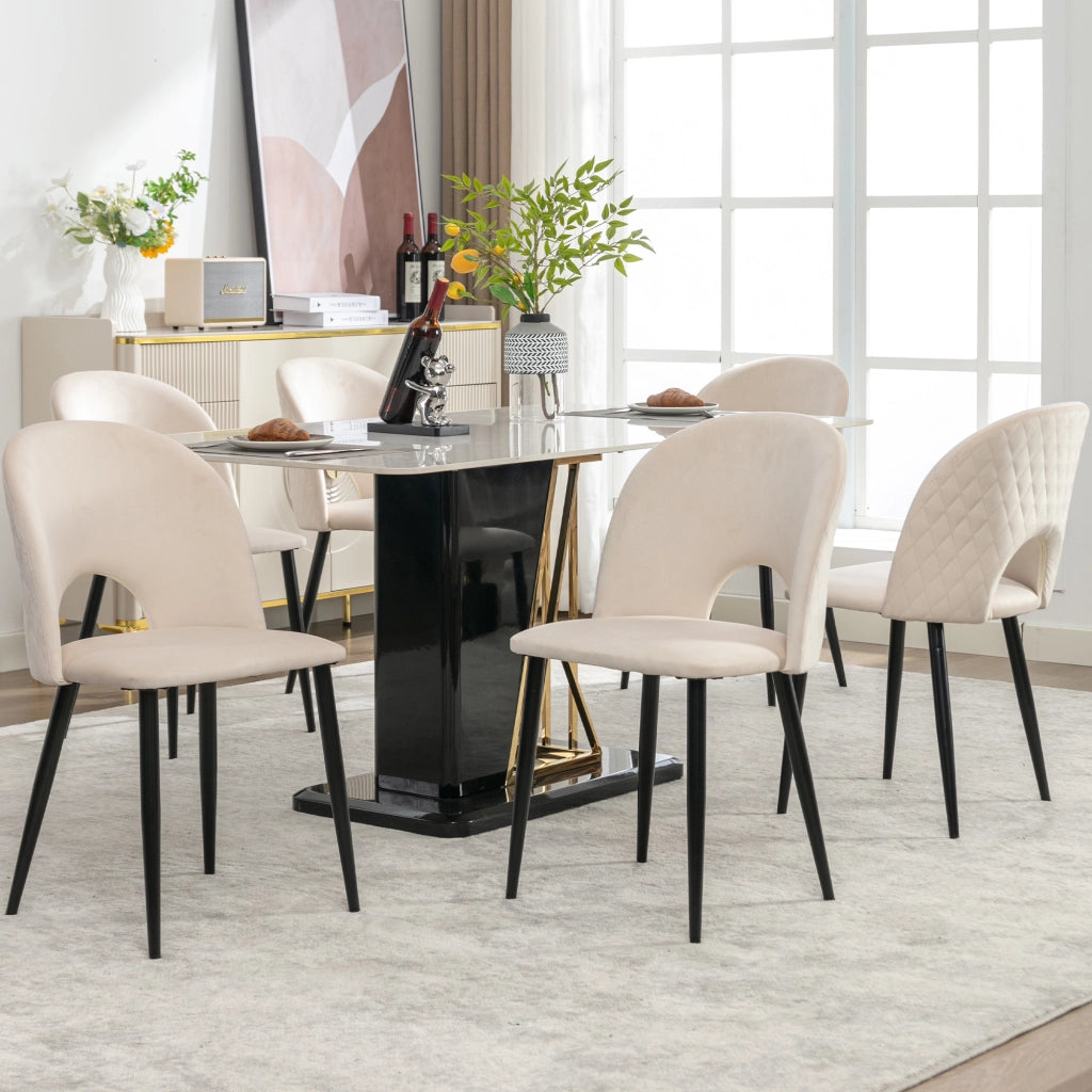 Set di 6 sedie da pranzo con schienale trapuntato e piedi regolabili in velluto beige