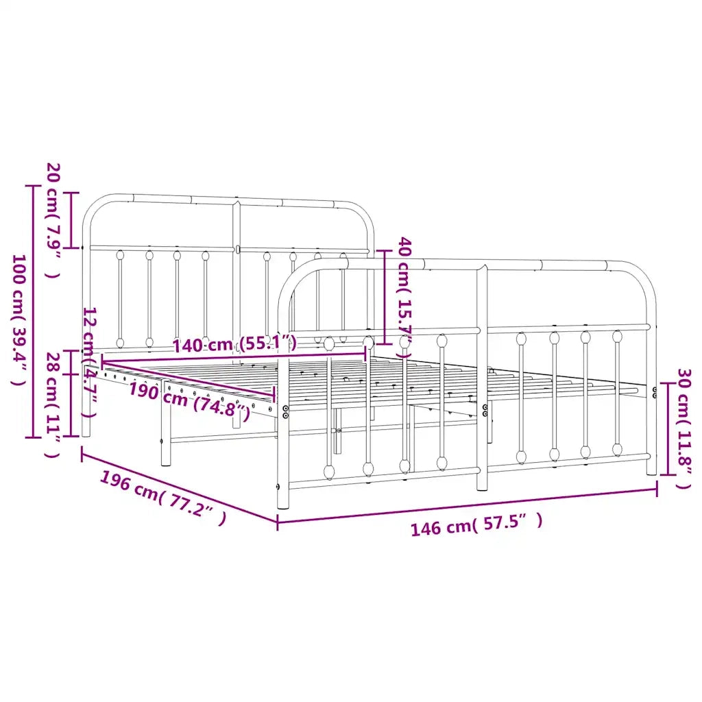 Letto matrimoniale | Letto per adulti | Giroletto con Testiera e Pediera Metallo Bianco 140x190 cm