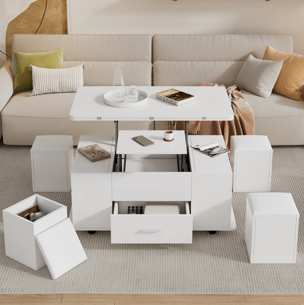 Tavolino da salotto trasformabile 100x50x45 cm in truciolare bianco; con 4 sgabelli contenitori