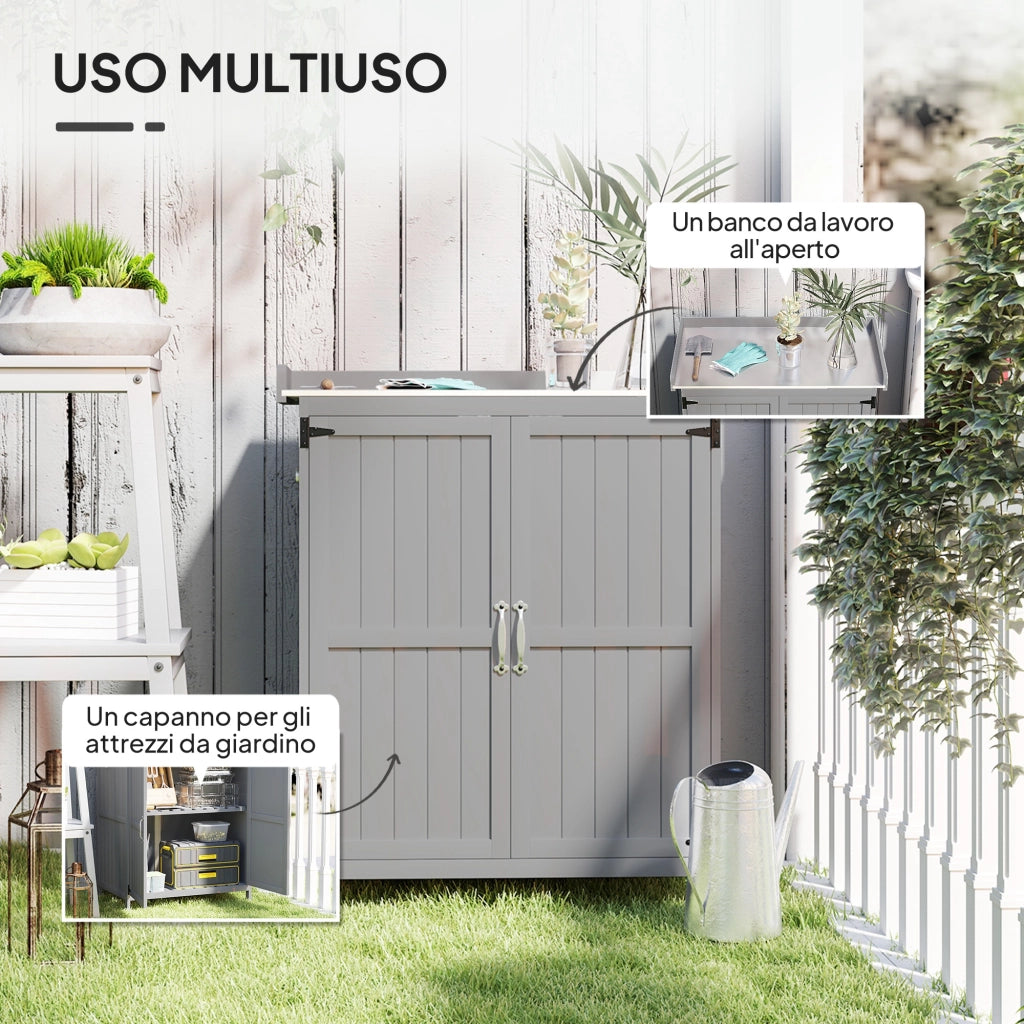 Armadietto da Esterno, Capanno Porta Attrezzi con Mensola, in Legno con 2 Ante per Giardino, Patio, Grigio