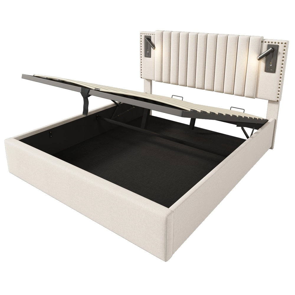 Letto Imbottito Contenitore 160x200 con Materasso ¨C Xylo ¨C Beige, Testiera LED USB, Similpelle