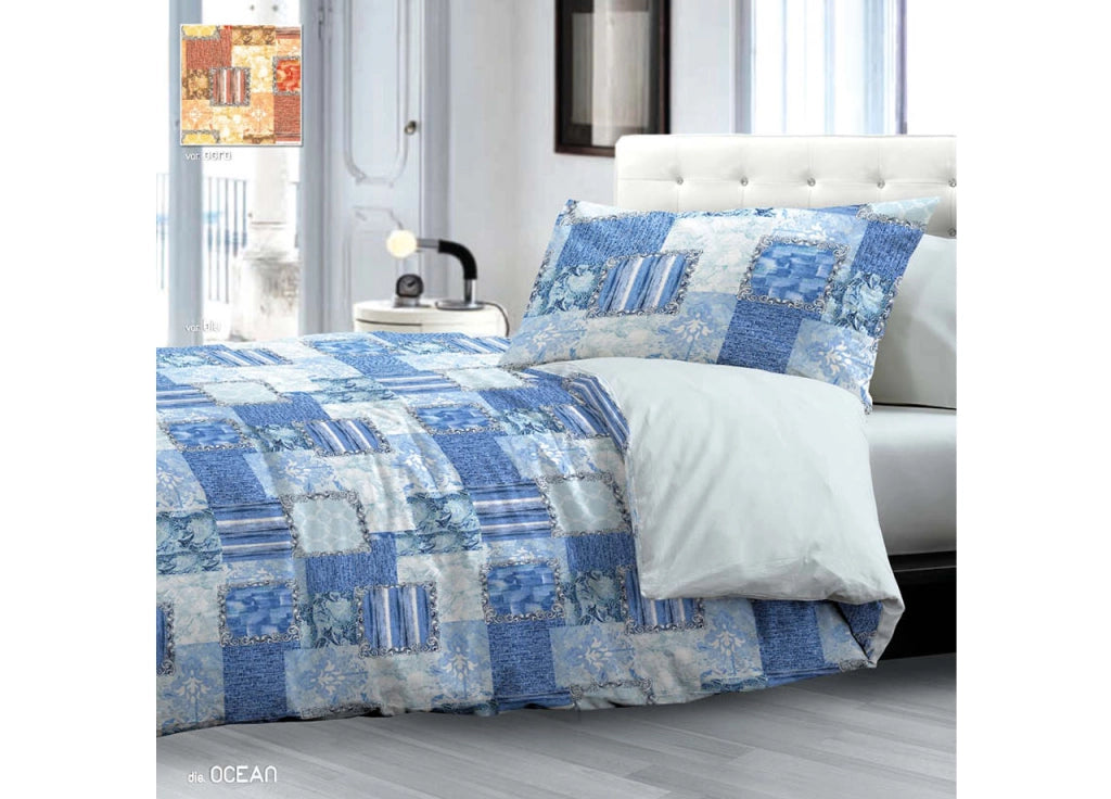 Completo Lenzuola In 100% Cotone Disegno Ocean Modello OB - Matrimoniale - Blu
