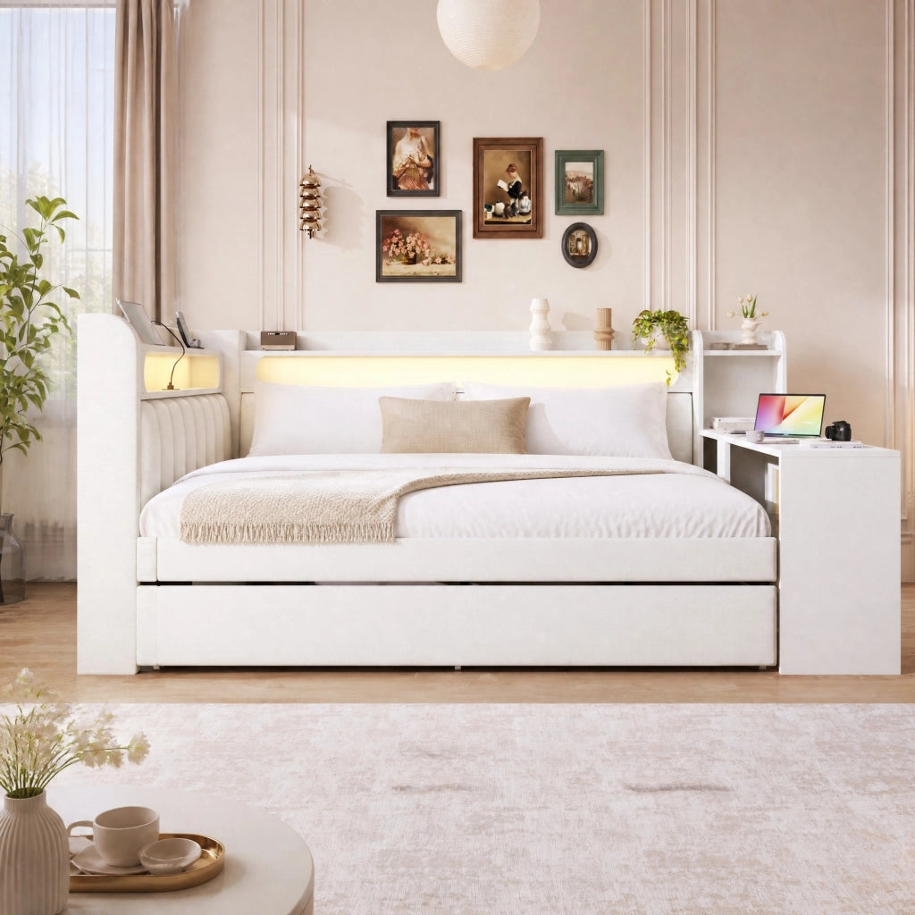 Letto imbottito 140x200 cm con LED, USB, letto estraibile e scrittoio