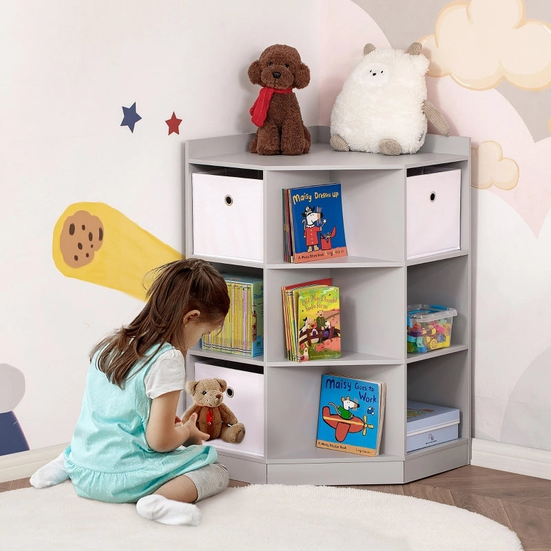 Scaffale angolare per bambini con 3 contenitori, per riporre i giocattoli di bambini dai 3 ai 12 anni, grigio, 57,4 x 57,4 x 94 cm