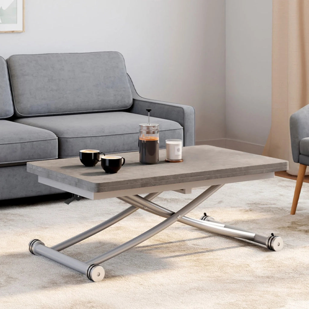 IDMarket - Tavolino 2 in 1 URBANA, trasformabile in tavolo da pranzo rettangolare, 100 cm, effetto cemento, base grigia