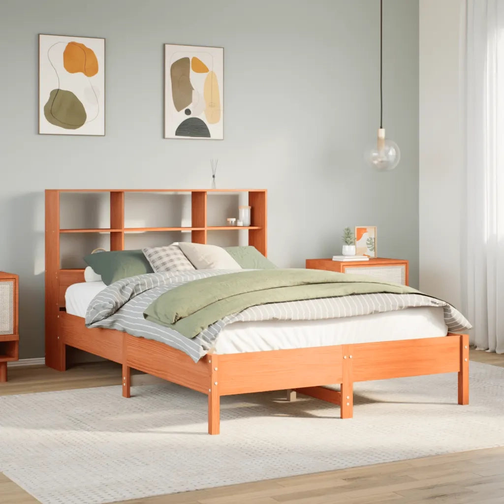 Letto Libreria senza Materasso-Struttura Letto con contenitore Marrone Cera 140x200 cm in Pino 663162