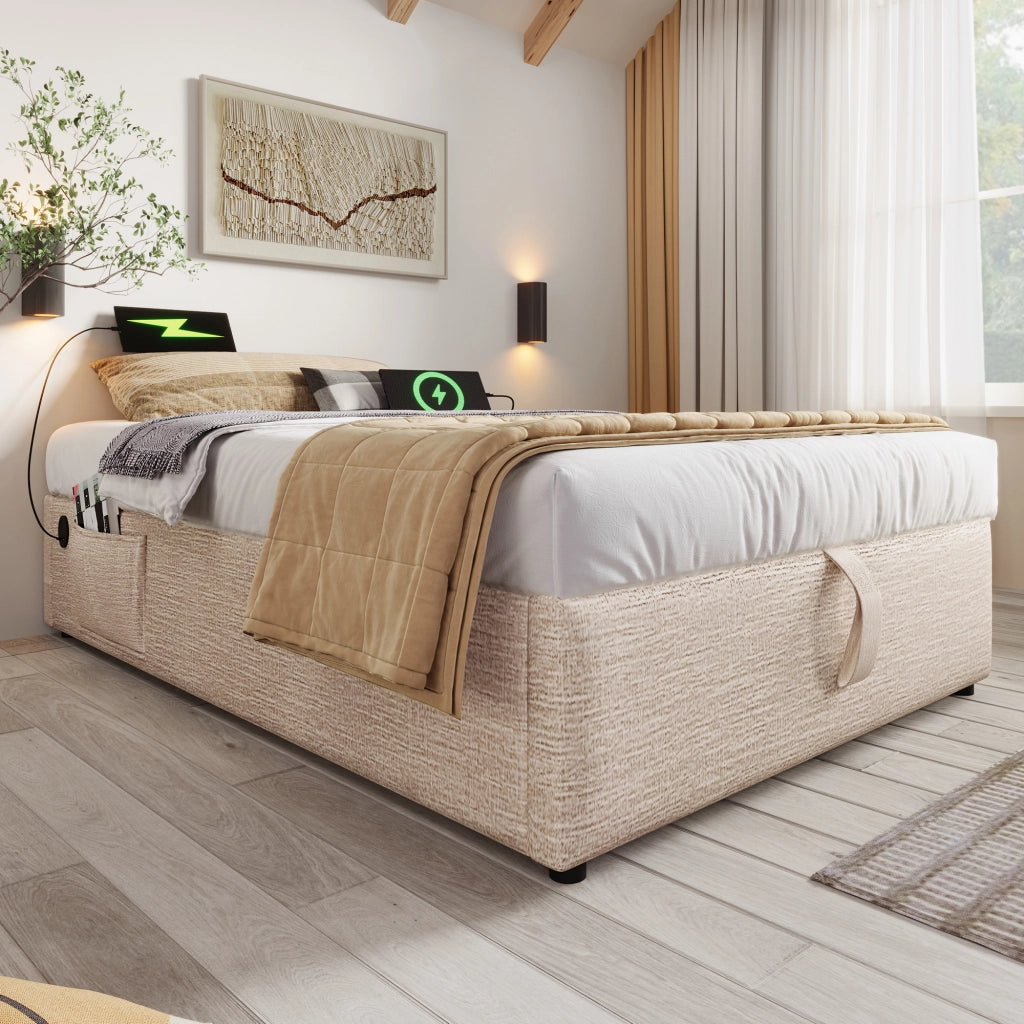 OKWISH Letto contenitore 90×200 cm, Letto Singolo con USB, Type C e Tasca Laterale, senza Materasso, in Lino, Beige Naturale