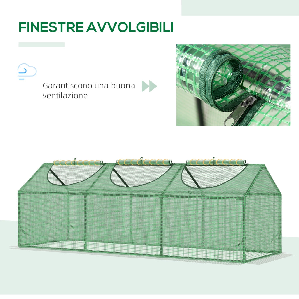 Mini Serra da Giardino con 3 Finestre Avvolgibili e Copertura PE Anti-UV. 180x60x60cm. Verde