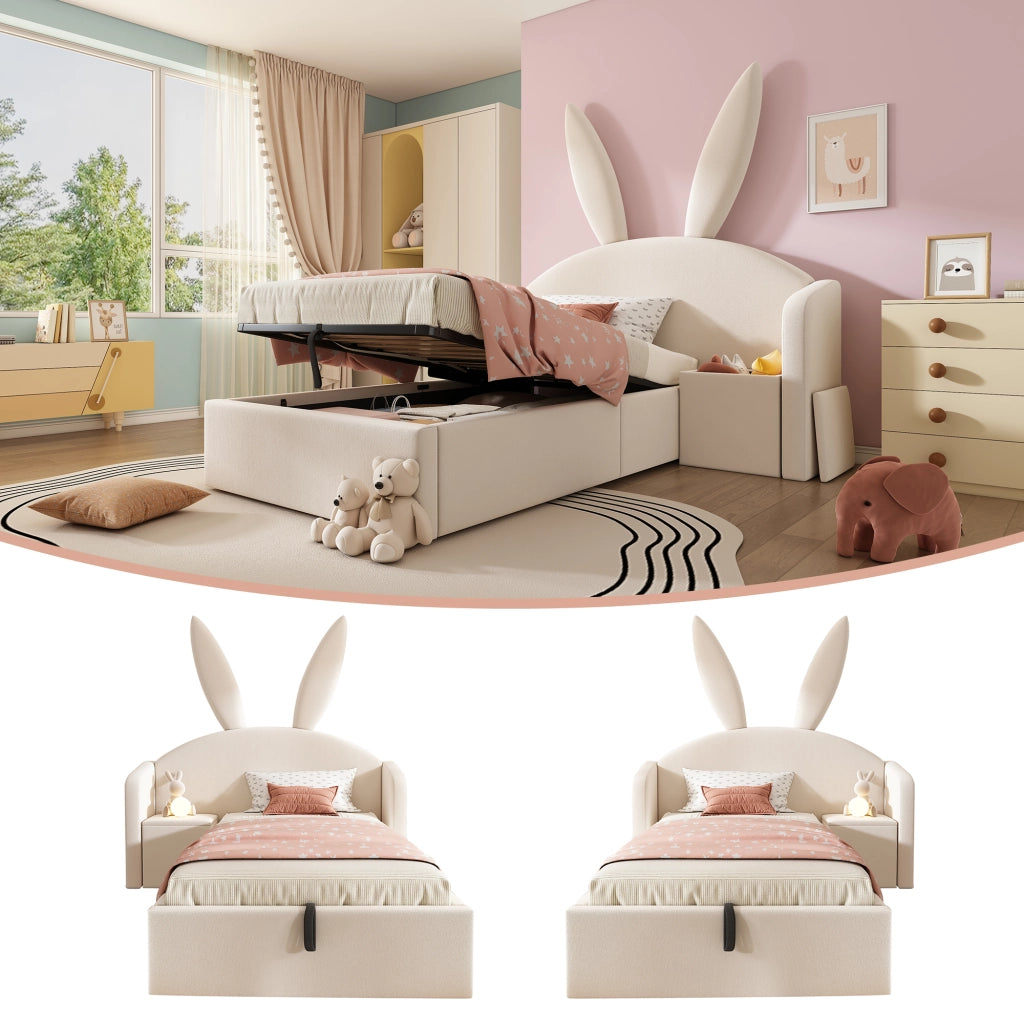 LETTO imbottito 90x200 cm in velluto beige con comodino laterale