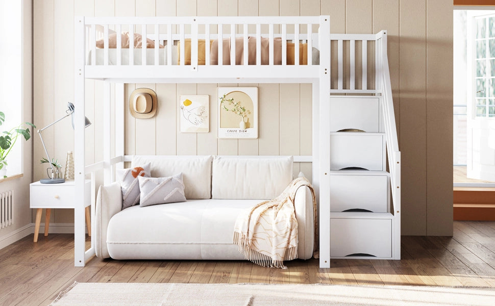 Letto a soppalco in pino massello con scala contenitore di sicurezza e recinzione; bianco; 140x200 cm; senza materasso