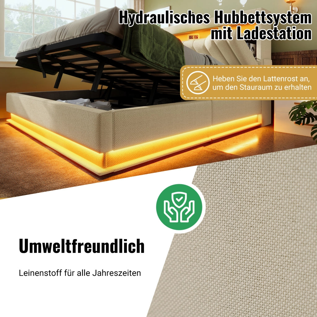 LETTO imbottito 140x200 cm Beige in lino con LED e USB