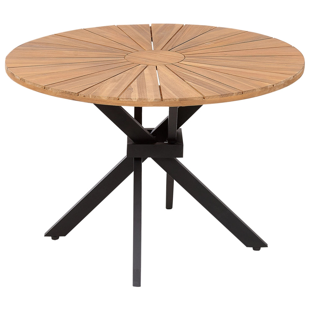 Tavolo da pranzo da giardino in legno chiaro di acacia piano rotondo 110 cm design a doghe per interni esterni