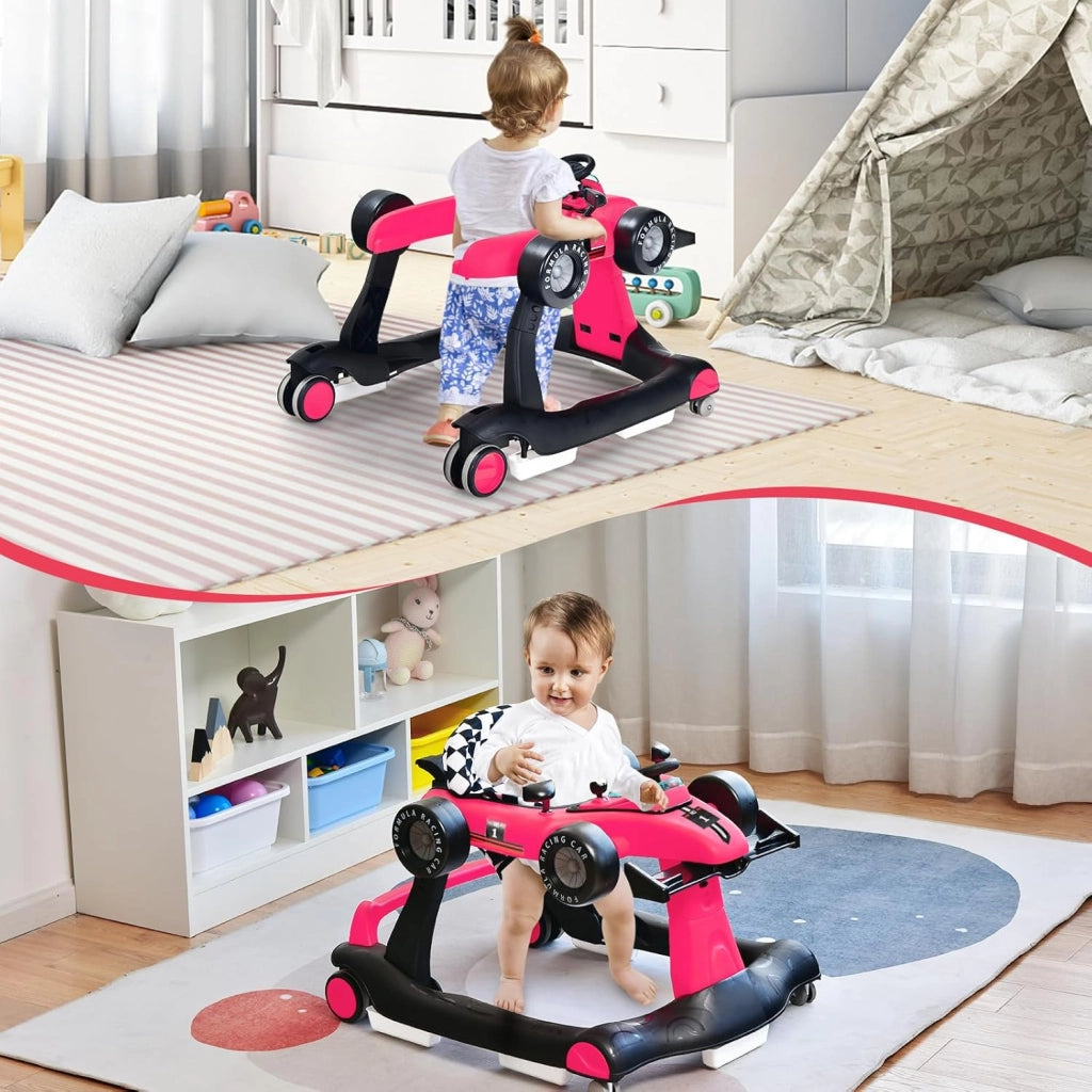 Girello per Bambini 4 in 1, Girello Pieghevole con Altezza e Velocità Regolabili, Carillon con Luci, Volante, Primi Passi per Bambini 6-18 Mesi, Portata 15 kg (Profondo Rosso)