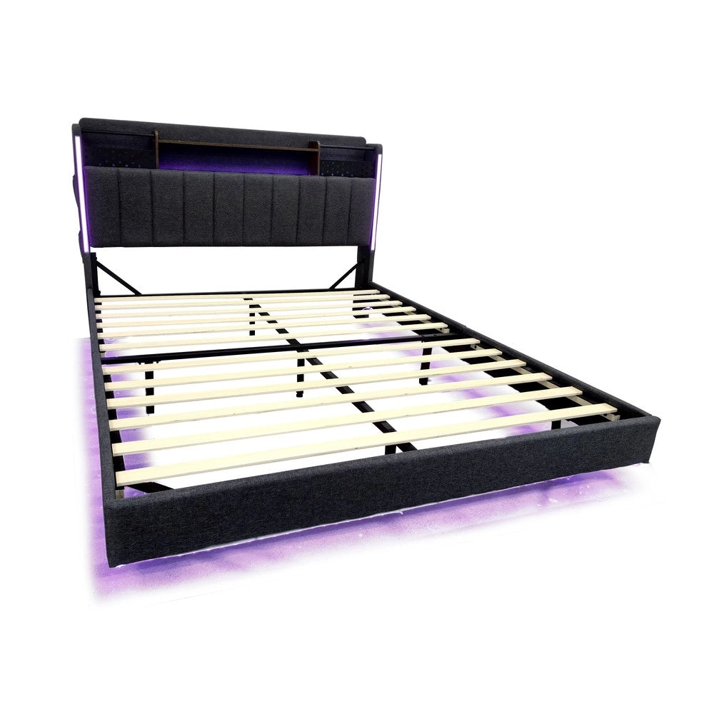 Letto Imbottito con LED e USB ¨C MINIMAL ¨C Tessuto Grigio 140x200 con Contenitore