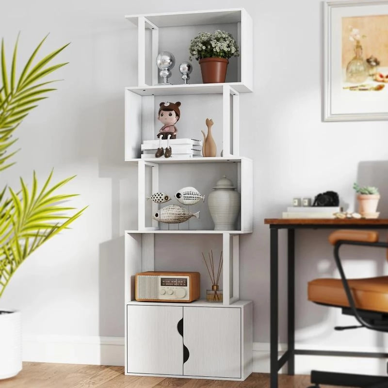 LIBRERIA MODERNA CON 5 RIPIANI E ARMADIETTO A 2 ANTE IN LEGNO, 60X23.8X179.2 CM, BIANCO