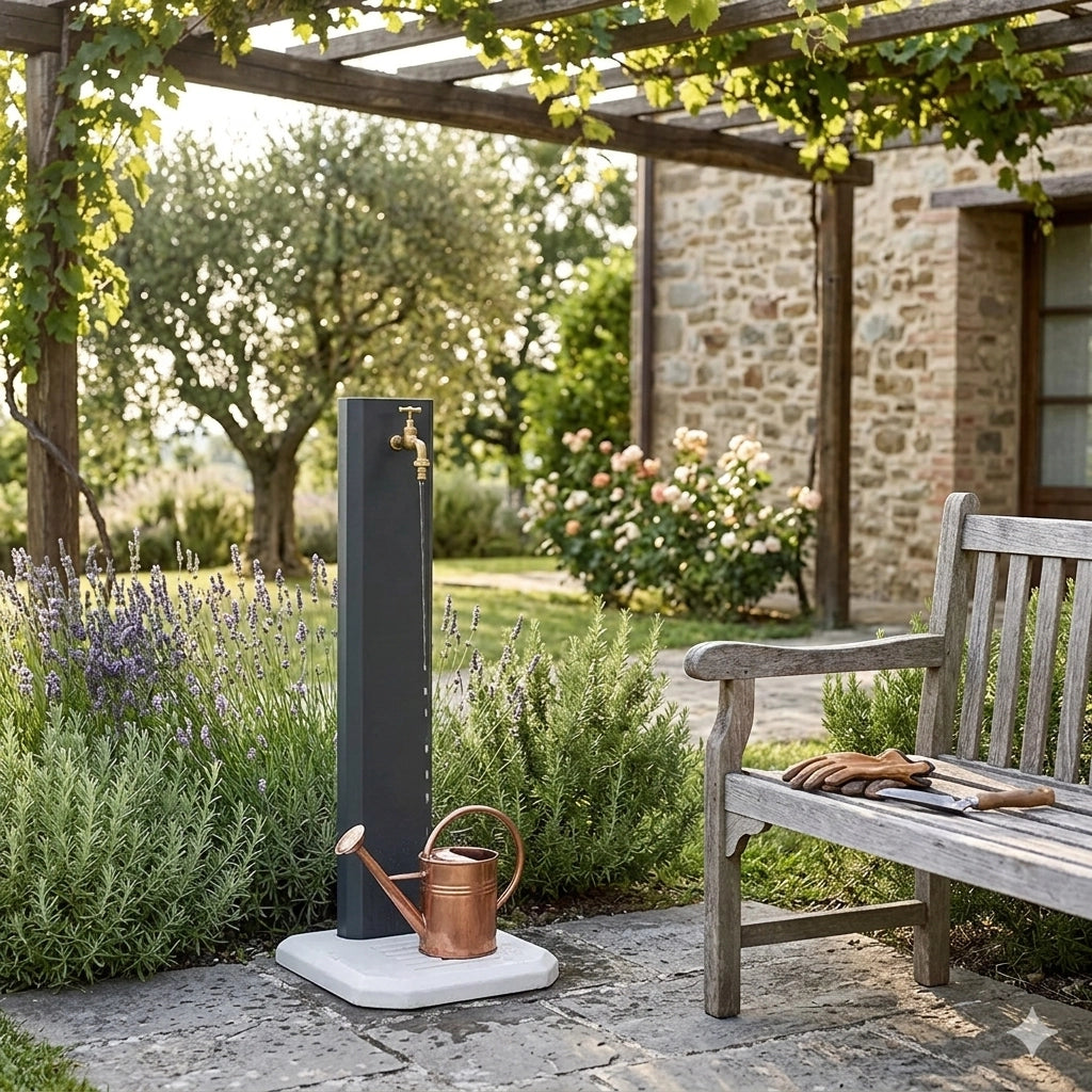 Fontana da Giardino Design a Colonna Ovale Rubinetto in Ottone con Base in Cemento Antracite