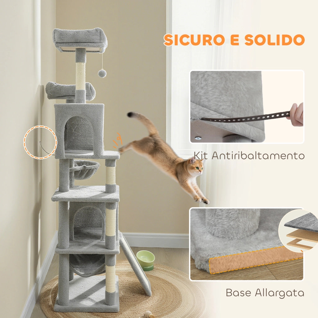 Albero Tiragraffi per Gatti con 2 Casette e Lettini ¨C Minimal ¨C Grigio Chiaro e Beige 48x40x177 cm