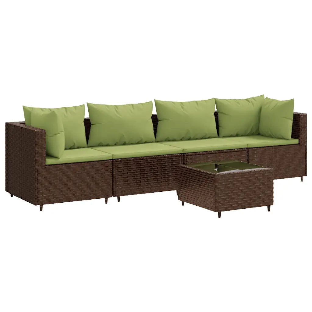 Set Divani da Giardino 5 pz con Cuscini Marrone in Polyrattan