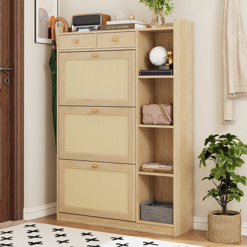 Scarpiera sottile con 3 ante ribaltabili 2 cassetti e ripiani aperti laterali per ingresso naturale 90 × 24 × 130 cm