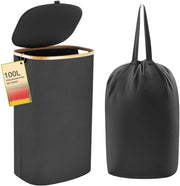Cestino per lavanderia 100L con sacchetto lavanderia rimovibile - cestino per lavanderia con coperchio e bordo in bambù - contenitore per bucato - cestino per bucato (nero)