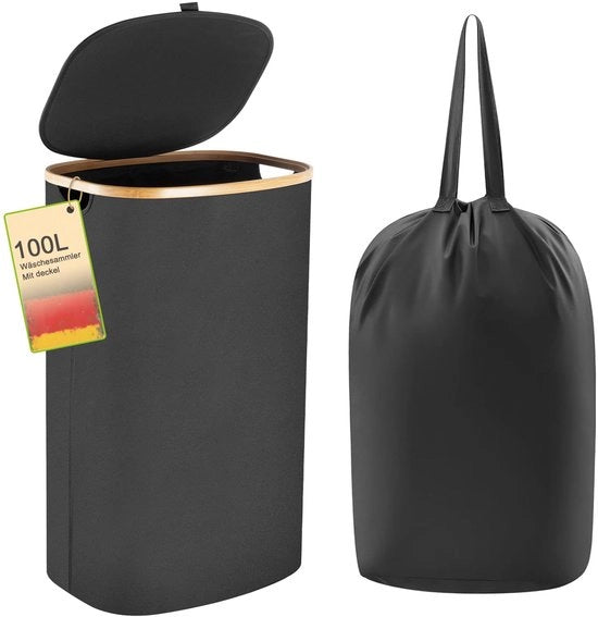 Cestino per lavanderia 100L con sacchetto lavanderia rimovibile - cestino per lavanderia con coperchio e bordo in bambù - contenitore per bucato - cestino per bucato (nero)
