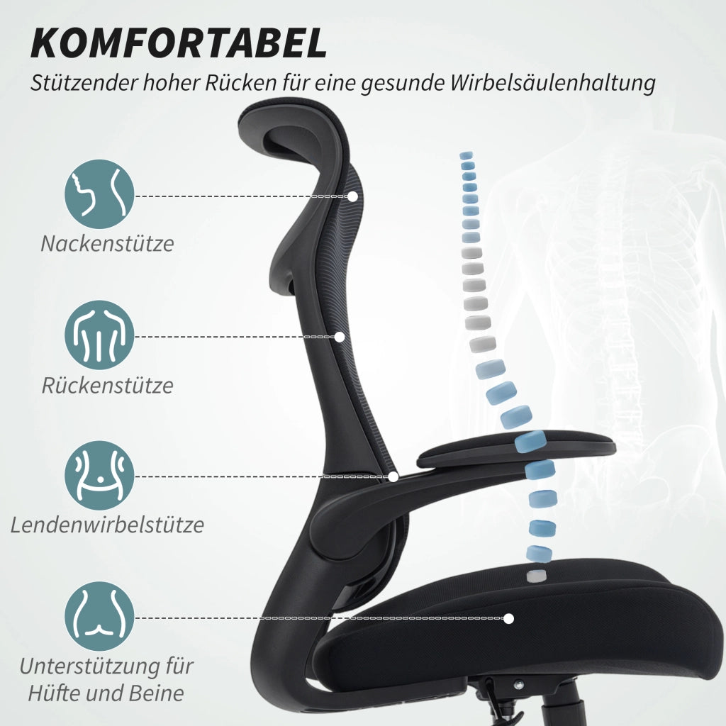 Sedia da ufficio ergonomica con schienale in rete e braccioli 3D ¨C zephmum ¨C Nero