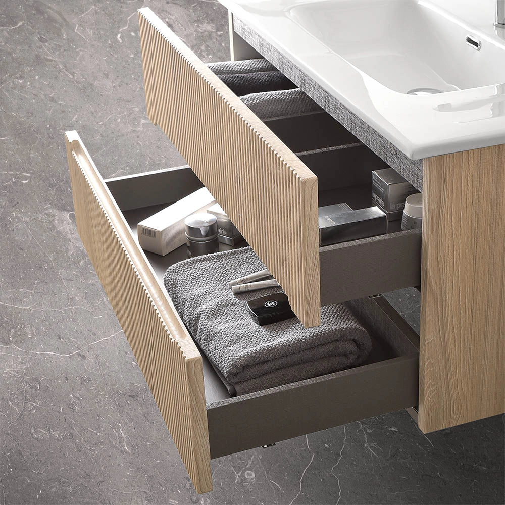 Mobile bagno sospeso 80 cm rovere chiaro cannettato con specchio Bali