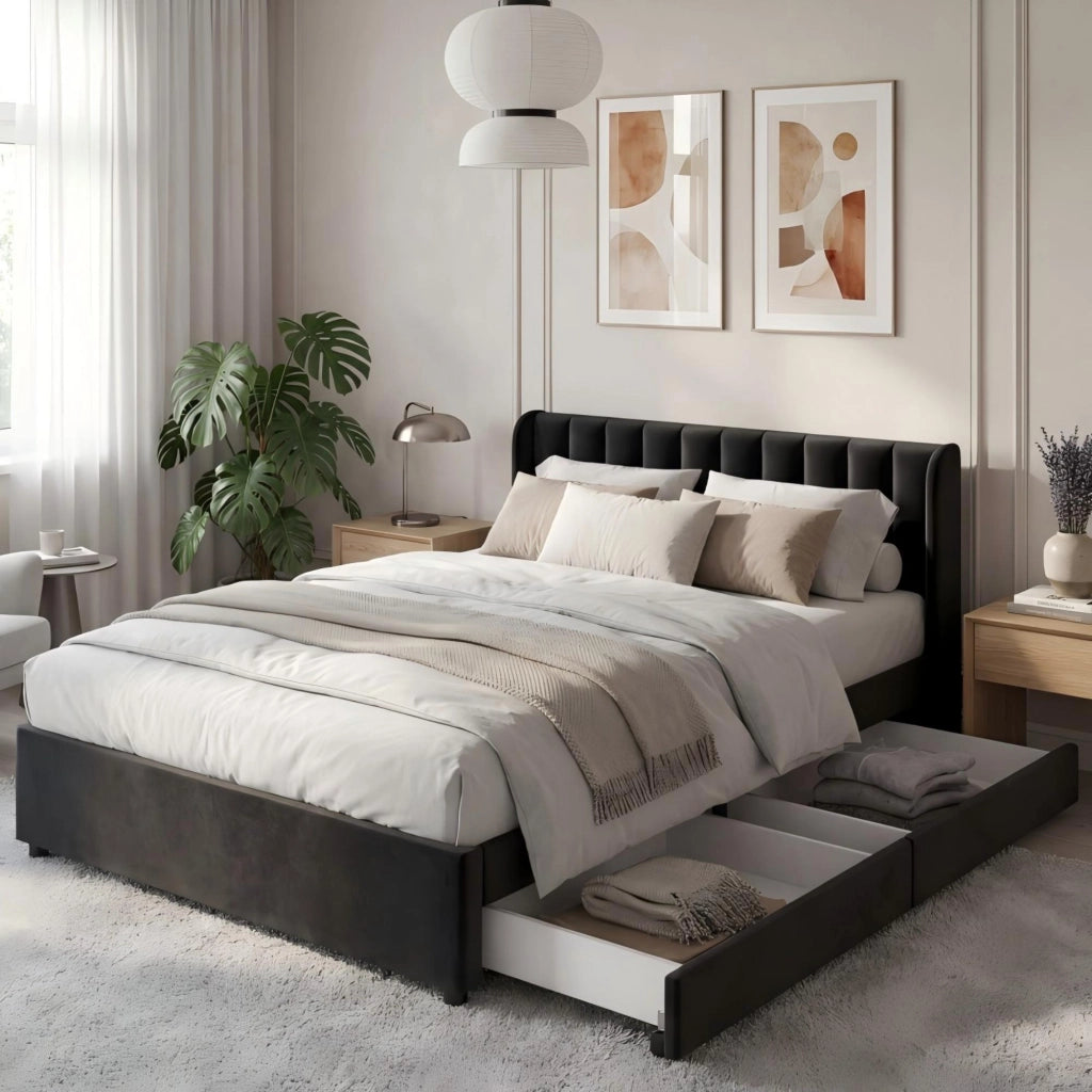 LETTO con rete a doghe e cassetti 140x200 cm in velluto nero