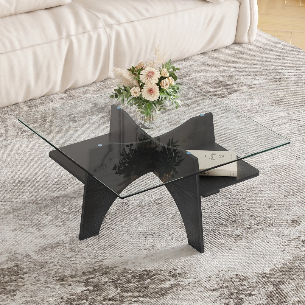 Tavolino/tavolino da caff¨¨ moderno di forma quadrata, realizzato in vetro temperato ¨C lati da 80 cm. Gambe in MDF con effetto legno nero. Ideale per s