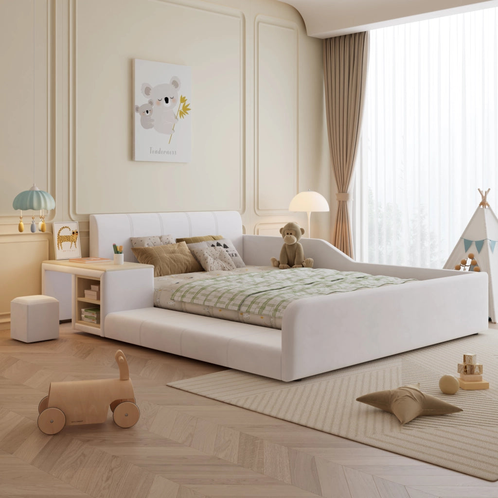 LETTO 140x200 cm in velluto bianco con scrivania, sgabello e ripiano