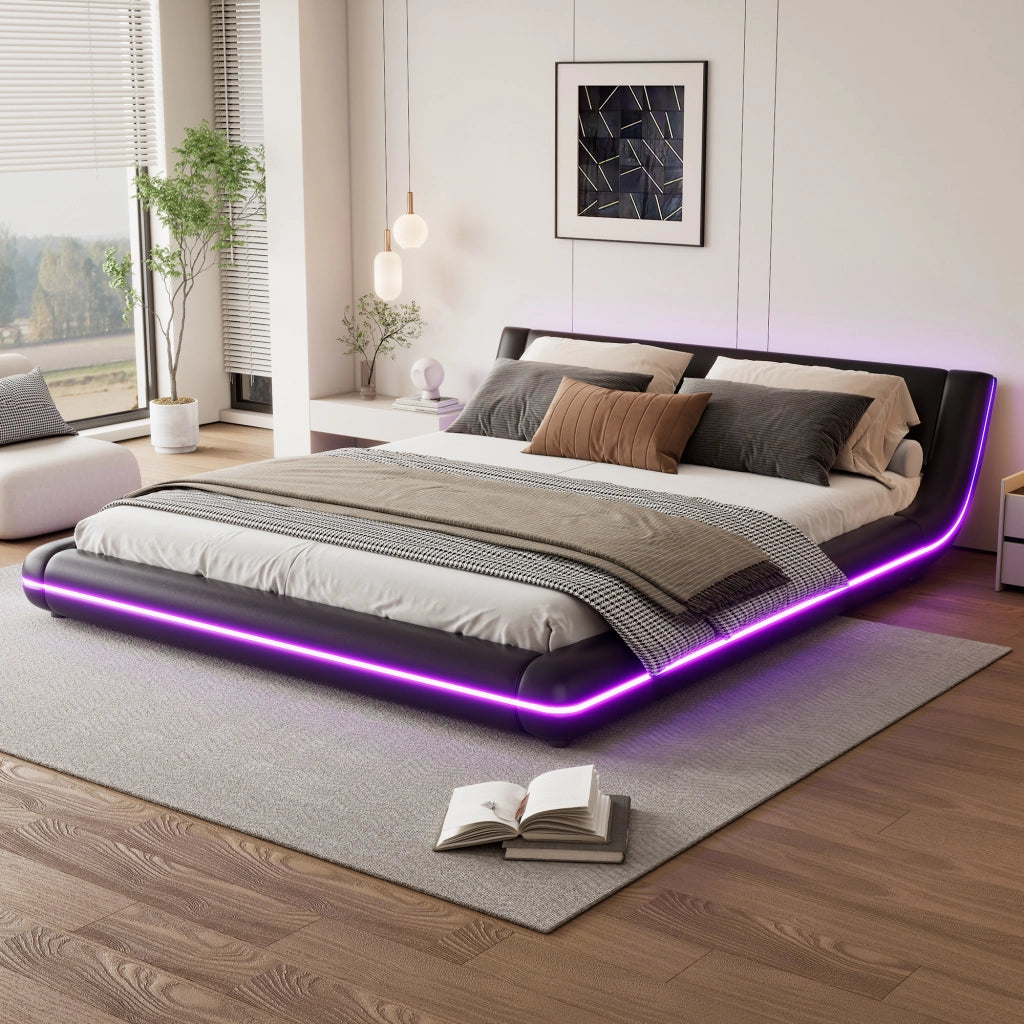 Letto basso matrimoniale 160×200 cm a pavimento con LED regolabile; senza materasso; PU e MDF; nero