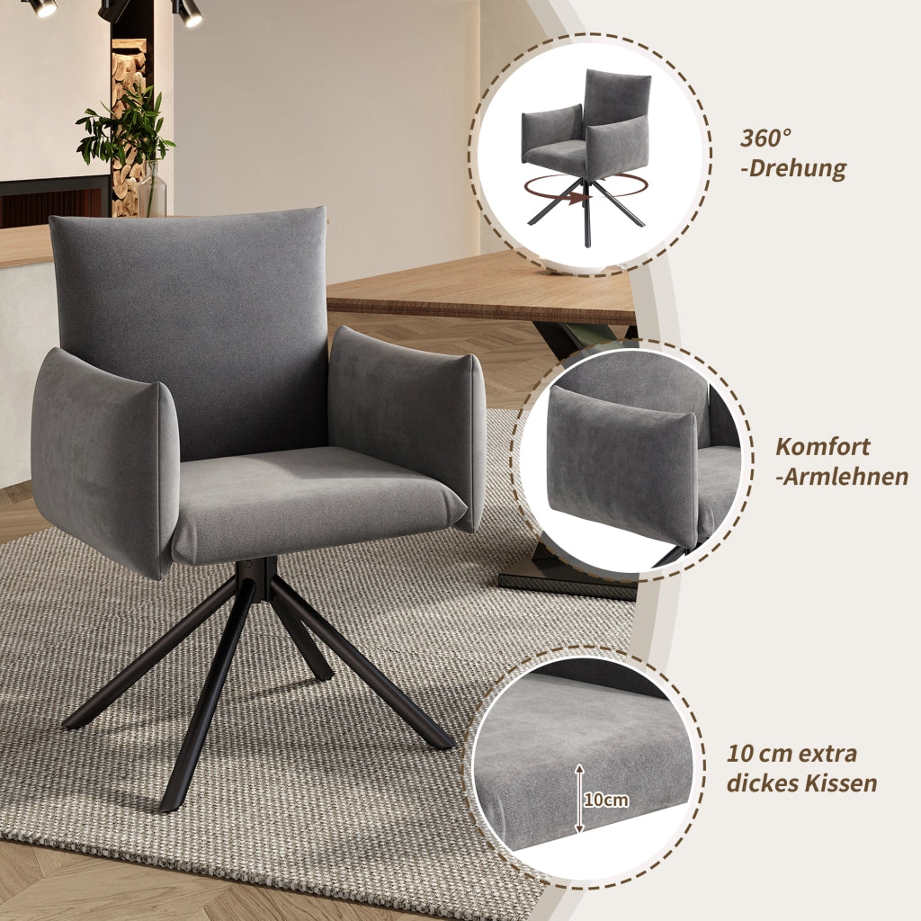 Set di 2 sedie da pranzo girevoli con braccioli; schienale ergonomico e base in metallo in velluto grigio