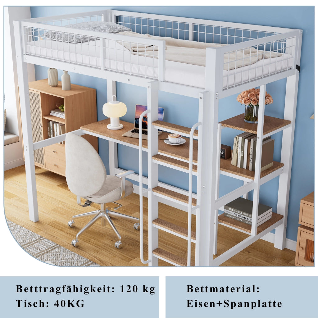 DESMIU Letto a Soppalco 1 Posto con Scrivania, Scaffali e Scala 90 × 200 cm, Senza Materasso, Metallo e Legno, Bianco Naturale