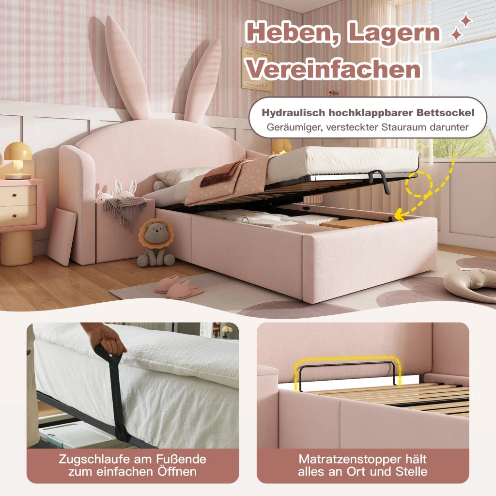 LETTO 90x190 cm in Velluto Rosa con Comodino e Contenitore