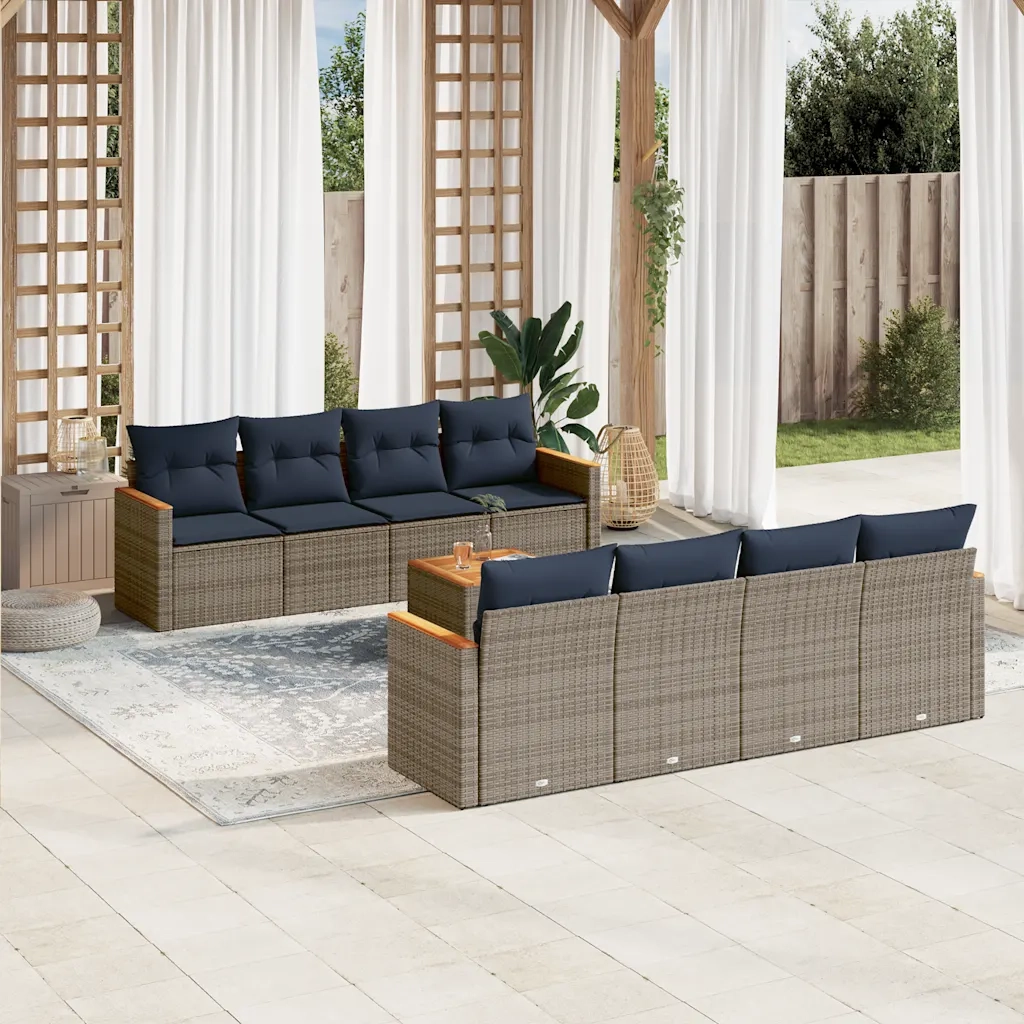 Set Divani da Giardino 9 pz con Cuscini Grigio in Polyrattan 3225823