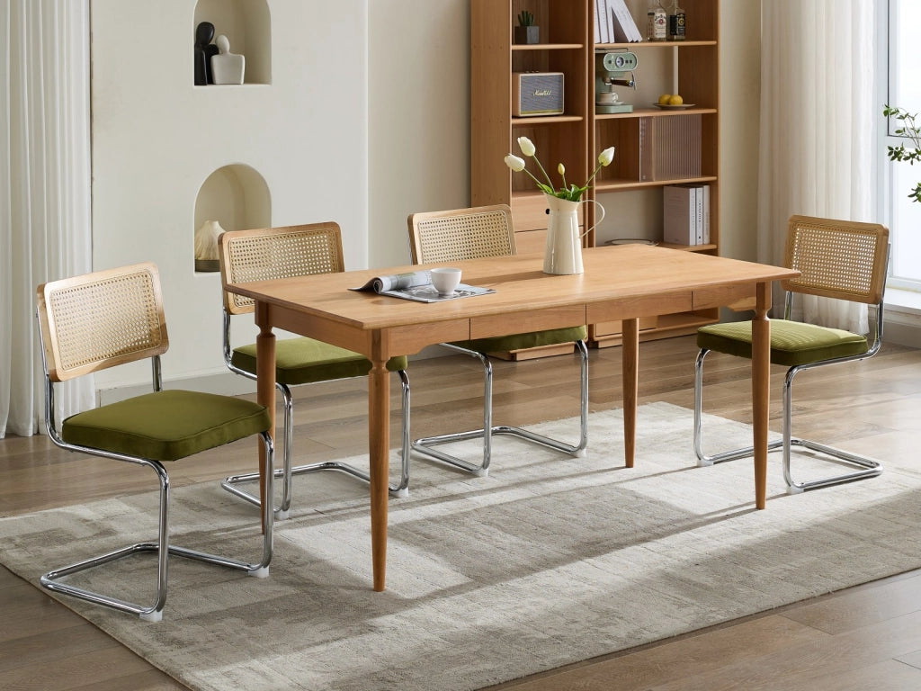 Sedia da pranzo a sbalzo con schienale in rattan, struttura in acciaio e velluto verde oliva, portata 300 lb