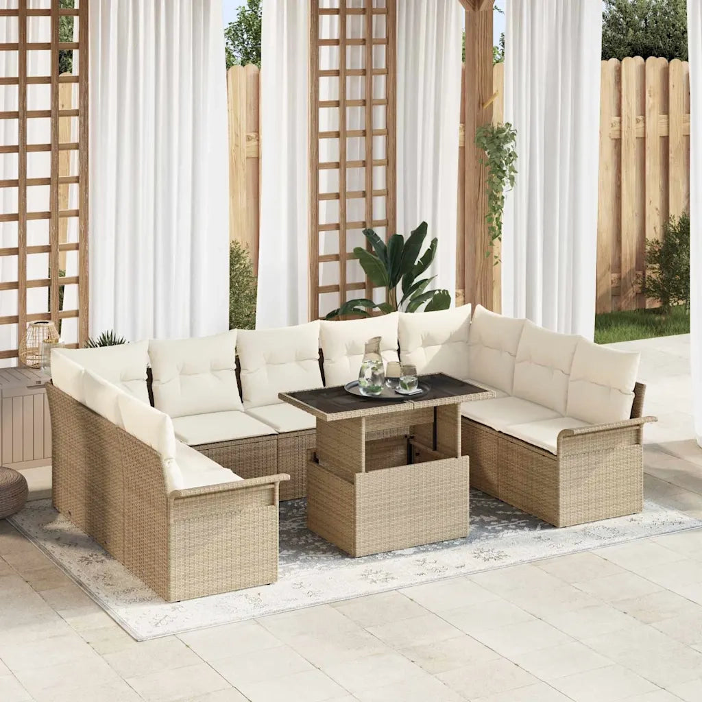 Set Divano da Giardino con cuscino 10 pcs Beige Poly Rattan
