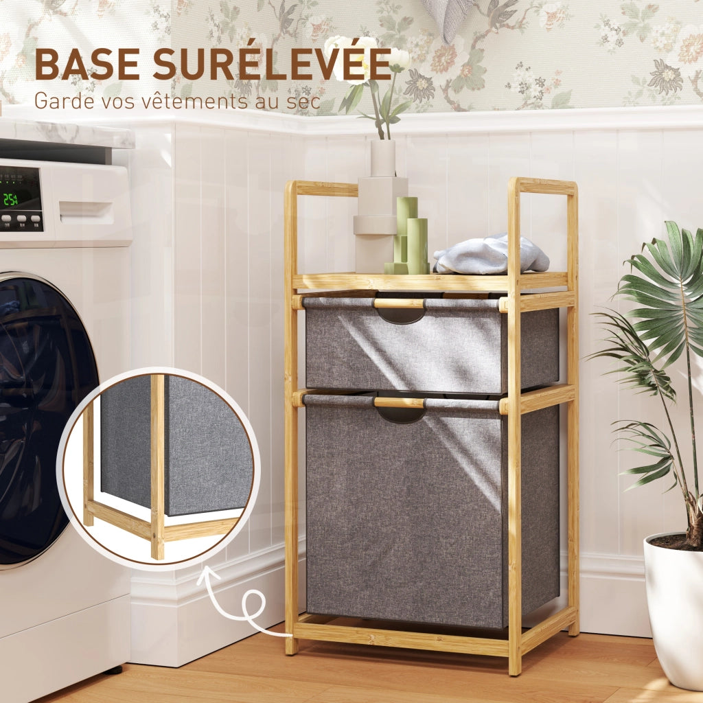 Cestino per il bucato in bamb¨´ con 2 sacchetti in tessuto scorrevoli e ripiano a doghe ¨C Minimal ¨C naturale