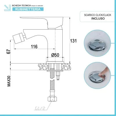 Set miscelatori lavabo alto bidet e doccia Flat con piletta click clack