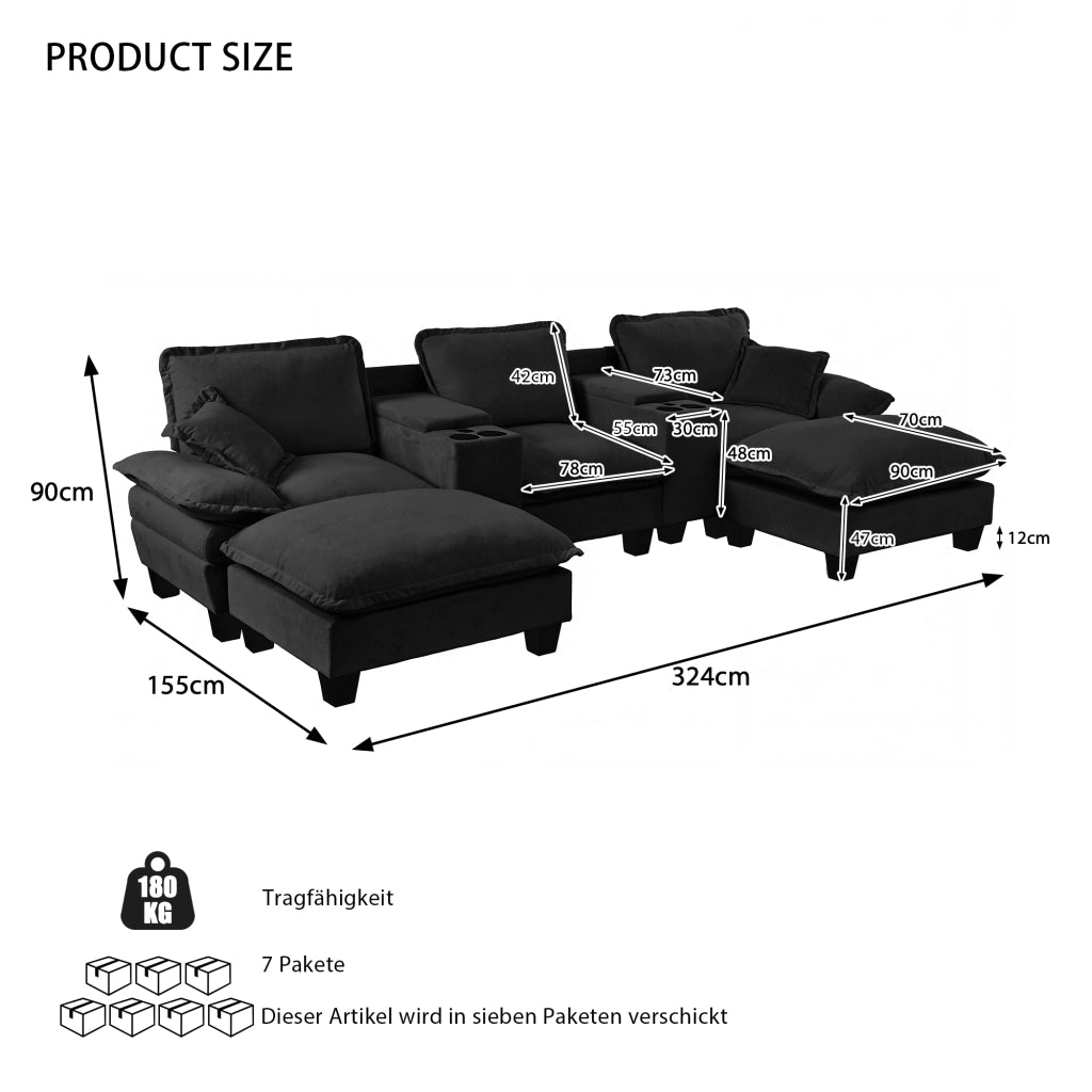 Divano Angolare Modulare U ¨C Xylo ¨C Nero, Chenille, con Ottomane, Portabicchieri e USB
